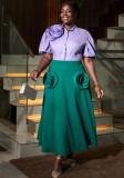Women Turndown Collar shirt rose flower Patchwork Skirt Two-Piece Set