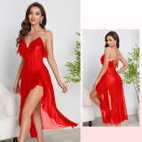 Mesh Deep V Back Lace-Up Nightgown High Slit Asymmetrical Pearl Embellished Loungewear