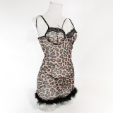 Sexy Leopard Print Lace Patchwork Feather Bodycon Dress Two-Piece Set