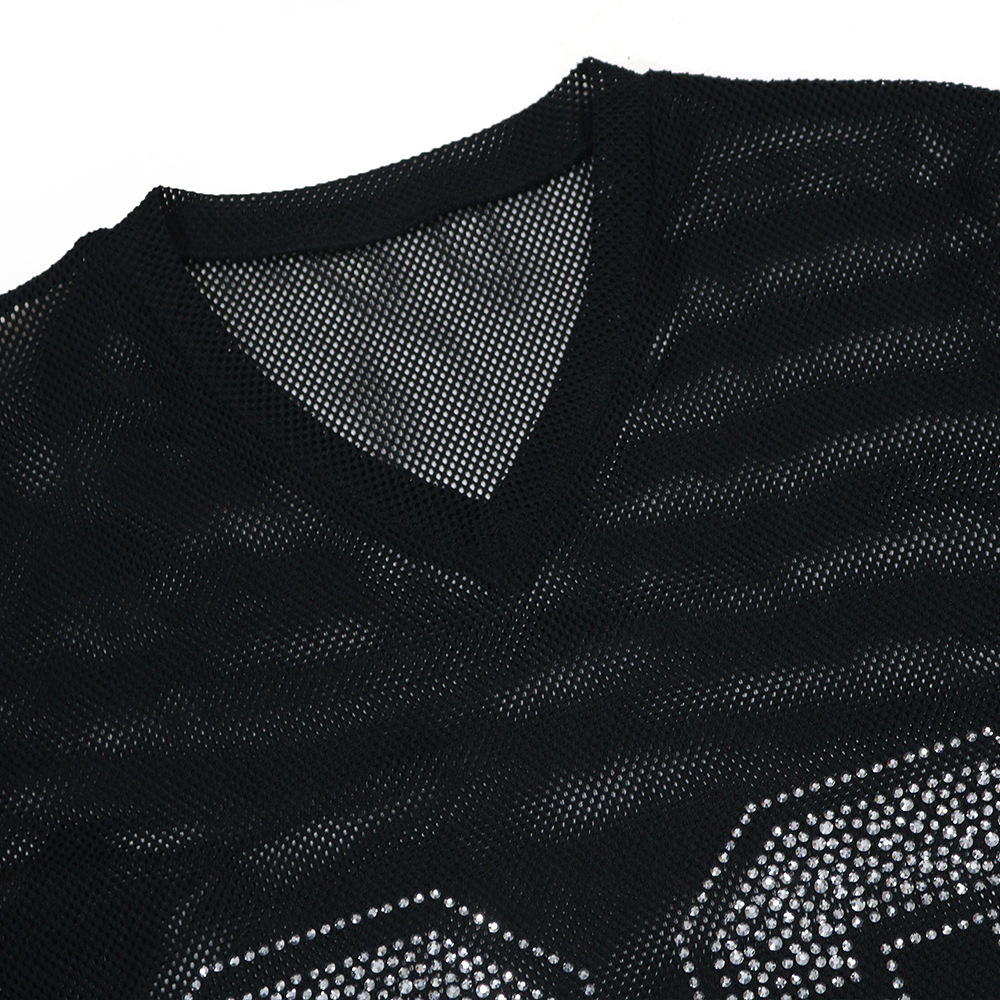 See-Through Round Neck Slit Beaded Top for Clubwear