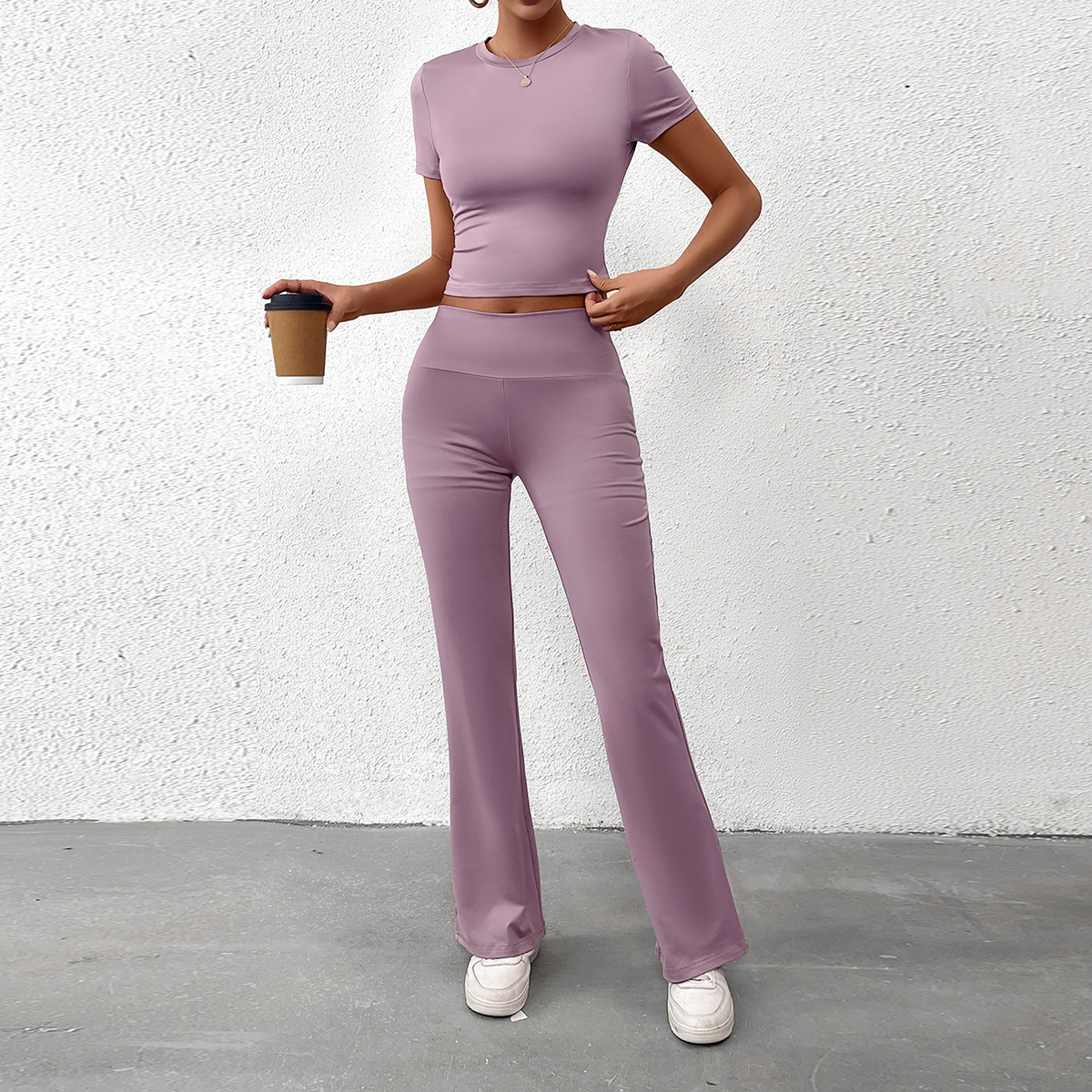 Women Summer Solid Casual Crop Top and Pant Two-piece Set