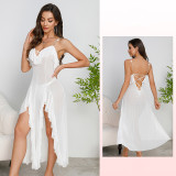 Mesh Deep V Back Lace-Up Nightgown High Slit Asymmetrical Pearl Embellished Loungewear