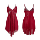 Lace Strappy Nightgown with Pearl Details See-Through Mesh Sexy Sleepwear
