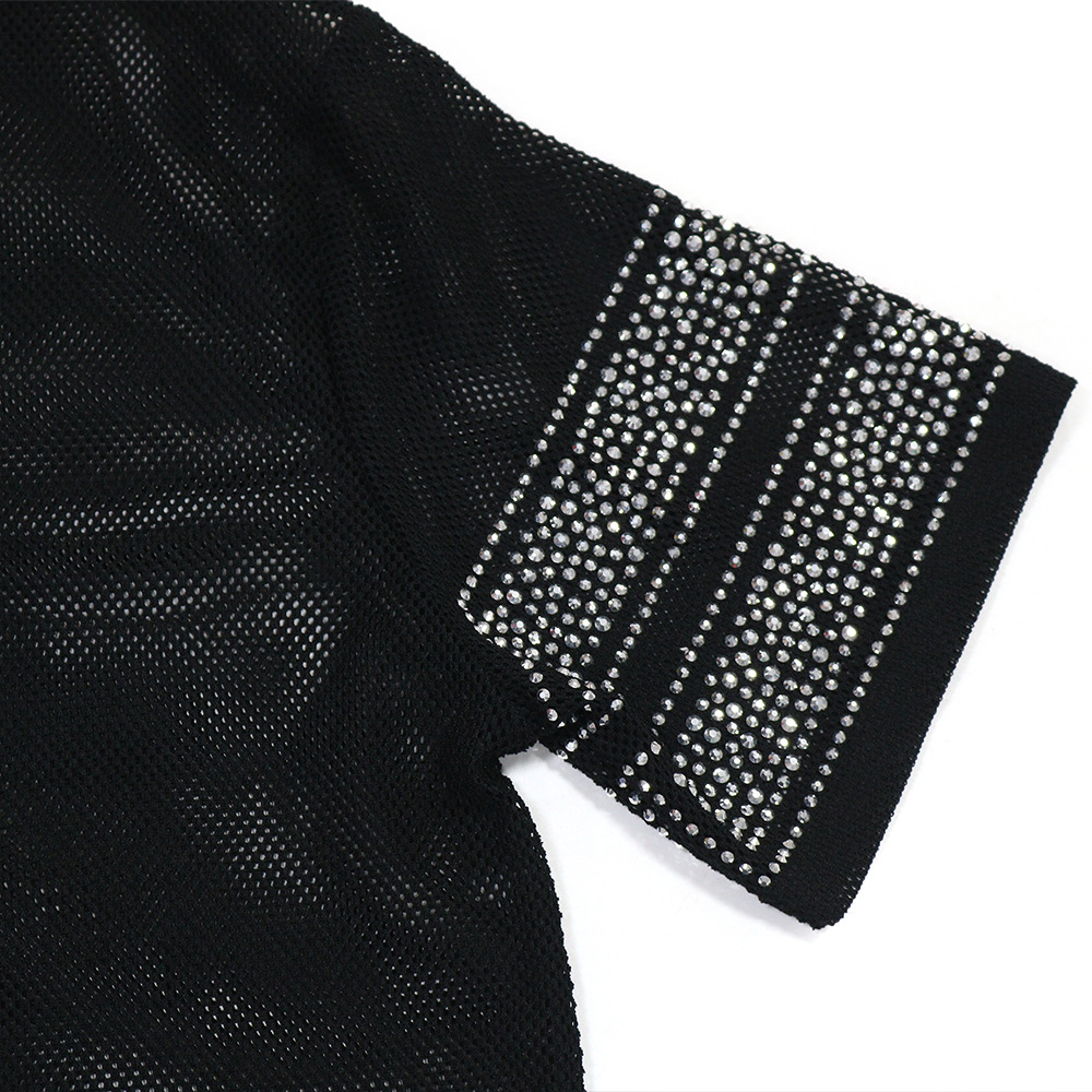 See-Through Round Neck Slit Beaded Top for Clubwear