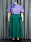 Women Turndown Collar shirt rose flower Patchwork Skirt Two-Piece Set