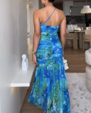 Summer Blue Contrast Floral One-shoulder Pleated Fishtail Dress