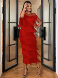 Women Mesh Patchwork tassel Round Neck sexy evening bodycon dresses