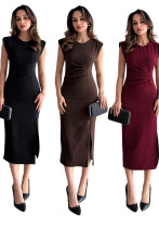 Solid Color Sleeveless Elegant Midi Dress