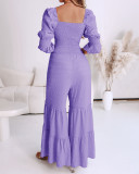 Women Square Neck Drawstring Puff Sleeve Wide Leg Jumpsuit