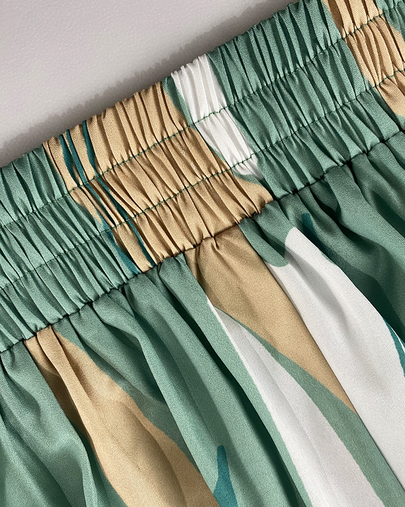 Summer Color Block Printed Short Sleeve Lace-Up Top Wide Leg Pants Two-piece Set