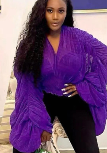 Pleated Puff Sleeves Slim Short Fashionable Chiffon Shirt Tops