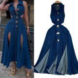 Turn-Down Collar Denim Dress Cut-Out Waist Slim Fit A-Line Slit Casual Long Dress
