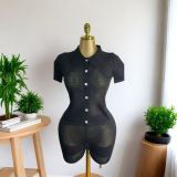 Women Summer Round Neck Hollow Crochet Short Sleeve Knitting Top and Shorts Two-piece Set