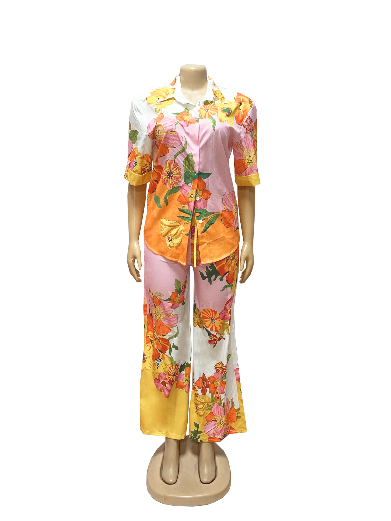 Women's Fashion Floral Print Slim Waist Wide Leg Two-Piece Pants Set