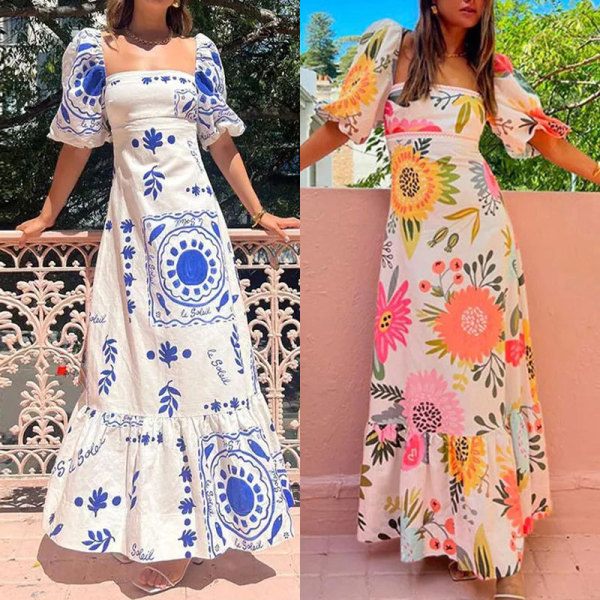 Summer Women Elegant Print Square Neck Lantern Sleeve Dress