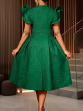 Women elegant ruffle square neck rose jacquard Formal Party Dress