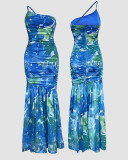 Summer Blue Contrast Floral One-shoulder Pleated Fishtail Dress