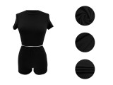 Women Summer Solid Crop Top Shorts Two-Piece Set