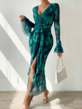 Long-Sleeve Slit Floral Bell-Sleeve V-Neck Lace-Up Maxi Dress