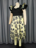 Women square neck Ruffle Sleeve rose jacquard Formal Party Dress