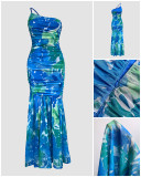 Summer Blue Contrast Floral One-shoulder Pleated Fishtail Dress