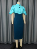 Women Retro Half-High Collar Contrast Ruffle Sleeve Elegant Party Dress