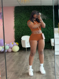 Women Summer Solid Crop Top Shorts Two-Piece Set