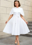 Plus Size White Belted Shirt Dress Cape Sleeve Button-Down A-Line Midi Dress