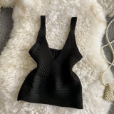Retro Ribbed Knit Vest V-Neck Low Back Cropped Tank