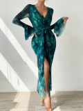 Long-Sleeve Slit Floral Bell-Sleeve V-Neck Lace-Up Maxi Dress