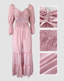 Women Square Neck Drawstring Puff Sleeve Wide Leg Jumpsuit