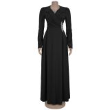 Women Cross Turndown Collar Long Sleeve Dress