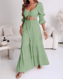 Women Square Neck Drawstring Puff Sleeve Wide Leg Jumpsuit