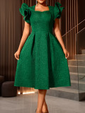 Women elegant ruffle square neck rose jacquard Formal Party Dress