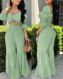 Women Square Neck Drawstring Puff Sleeve Wide Leg Jumpsuit