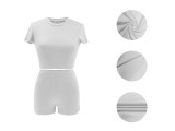 Women Summer Solid Crop Top Shorts Two-Piece Set