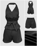 Women Halter Neck Lace-Up Top + Shorts Solid Two-Piece Set