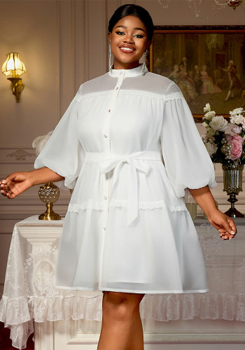 Plus Size White Lantern Sleeves Belted Button-Detail Blouse Dress Lantern Sleeves Career Wear