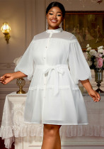 Plus Size White Lantern Sleeves Belted Button-Detail Blouse Dress Lantern Sleeves Career Wear Plus Size White Lantern Sleeves Belted Button-Detail Blouse Dress Lantern Sleeves Career Wear