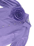 Women Turndown Collar shirt rose flower Patchwork Skirt Two-Piece Set