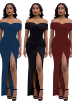 Solid Color Off Shoulder Slit Long Dress