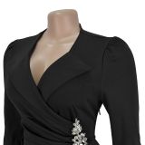 Women Cross Turndown Collar Long Sleeve Dress