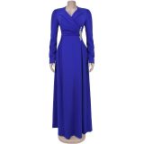 Women Cross Turndown Collar Long Sleeve Dress