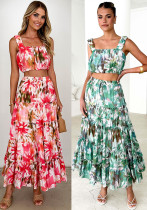Floral Strap Crop Top & High-Waist Skirt Two-Piece Set Floral Strap Crop Top & High-Waist Skirt Two-Piece Set