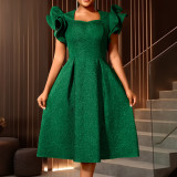 Women elegant ruffle square neck rose jacquard Formal Party Dress
