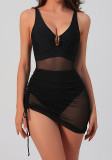 V-Neck Mesh See-Through Low-Back Tight-Fitting Swimsuit