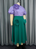 Women Turndown Collar shirt rose flower Patchwork Skirt Two-Piece Set
