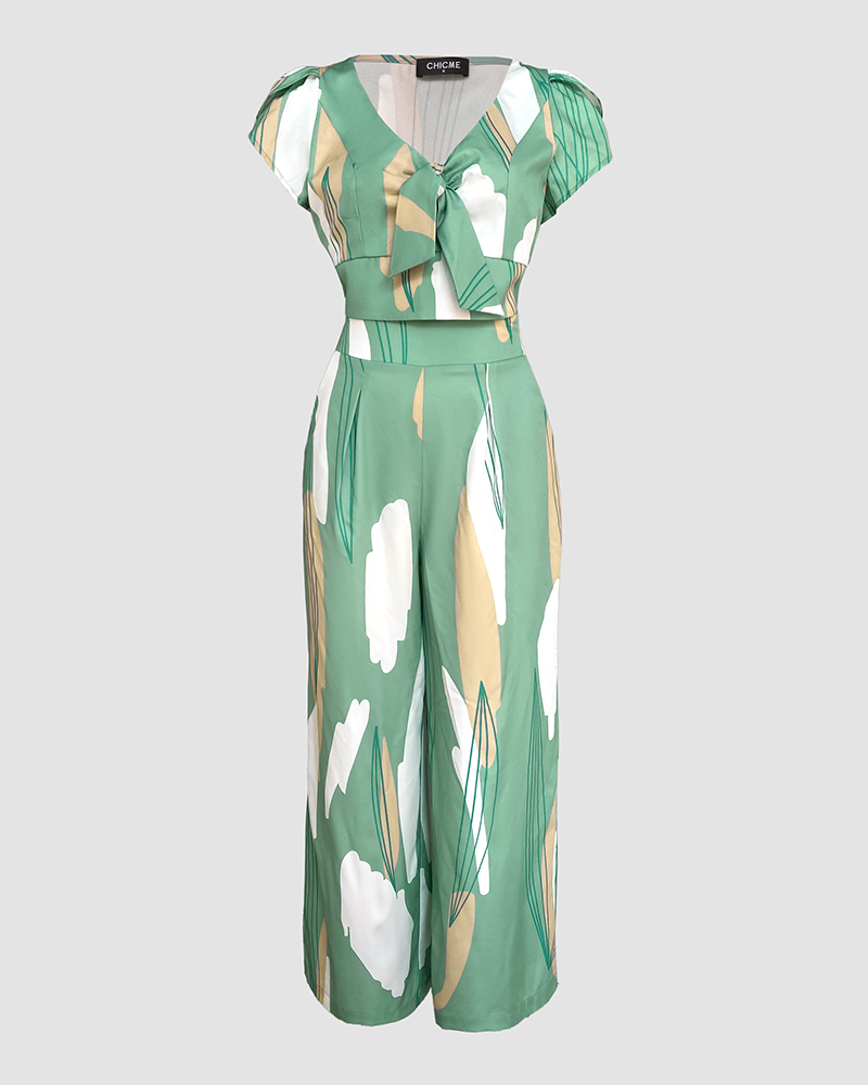 Summer Color Block Printed Short Sleeve Lace-Up Top Wide Leg Pants Two-piece Set