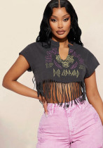 Summer Trendy Print Fringe T-Shirt Stylish Casual Top Summer Trendy Print Fringe T-Shirt Stylish Casual Top