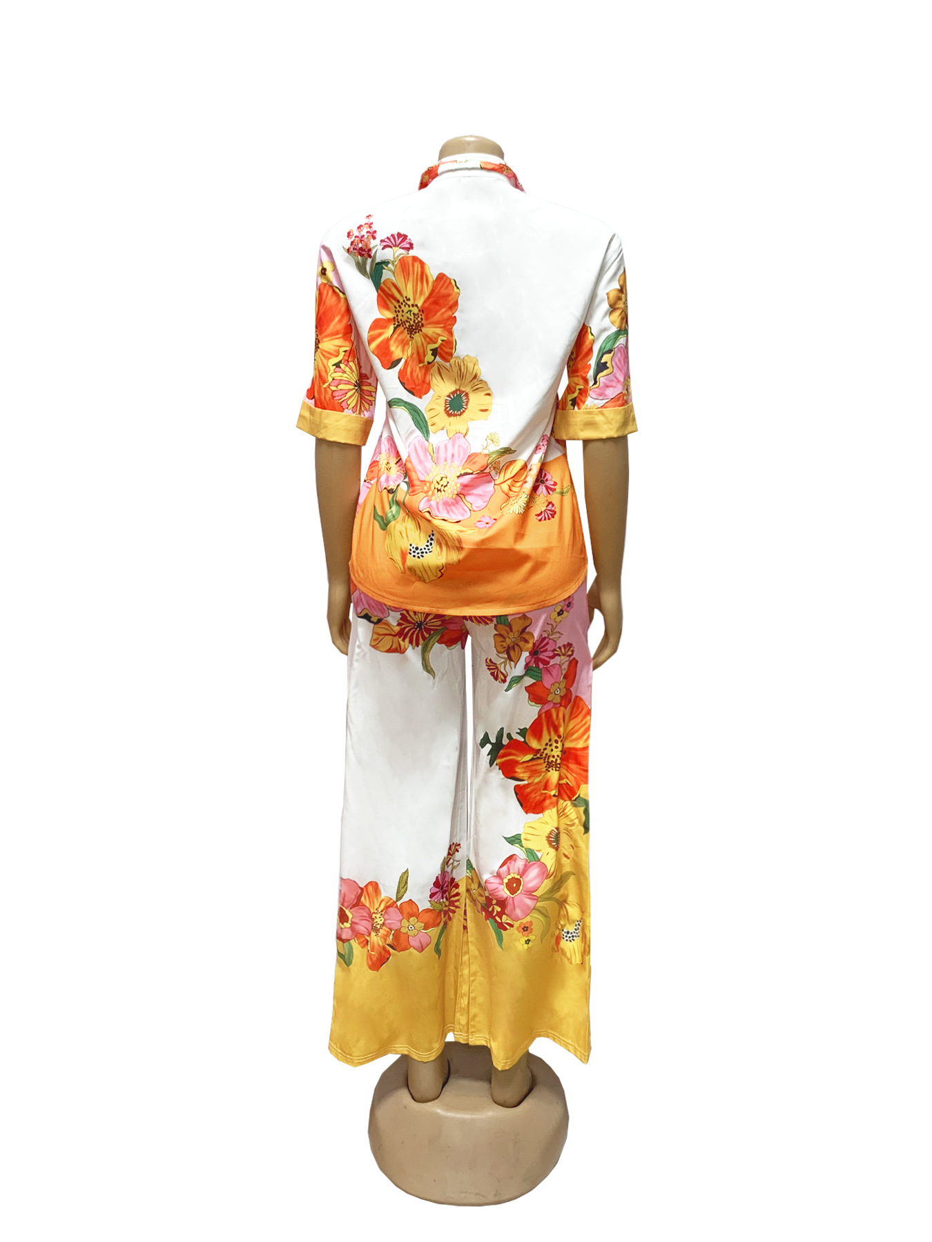 Women's Fashion Floral Print Slim Waist Wide Leg Two-Piece Pants Set